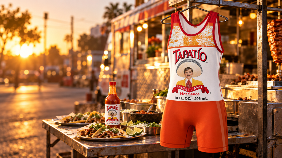 Muy Caliente wrestling singlet at a street food truck with tacos and Tapatío hot sauce
